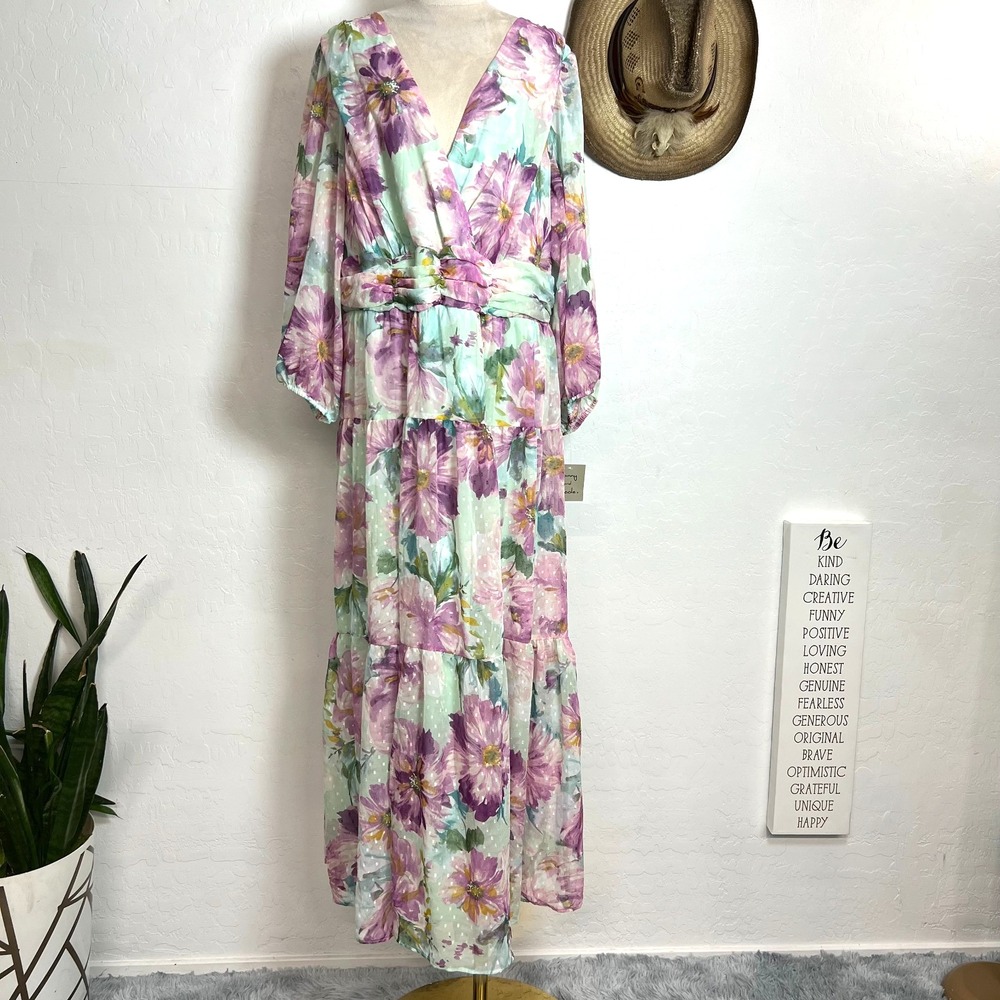 NWT Maison Tara Danny Nicole Floral Chiffon Maxi Dress Watercolor Size 16W New